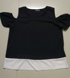 Cold Shoulder Black Top with White Hem