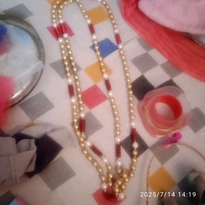 Bangles,Beaded Necklace with Pearl & Red Accents