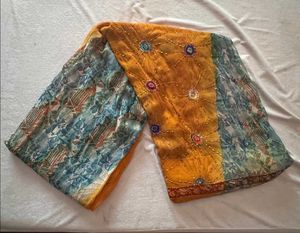 Beaded Dual-tone Saree In Mustard And Teal