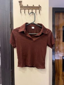 Brown Ribbed Crop Top