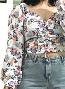 Floral Puff Sleeve Crop Top with Front Tie
