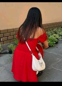 Red Midi Dress with Puff Sleeves