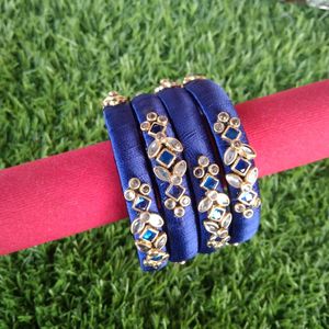 A Set Of 4 Royal blue Silk Thread kundan Bangles