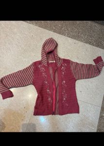 Striped Hooded Knit Cardigan and green wool jumper