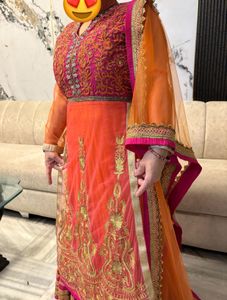 Orange And Pink Anarkali Style Lehenga