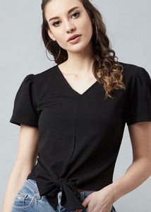 Black Knotted Top With Puff Sleeves