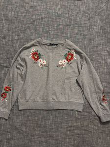 Floral Embroidered Gray Sweatshirt