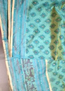 Green Printed Saree - Stone Work &amp; Golden Border