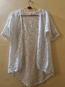 White Lace Shrug with Pom Poms
