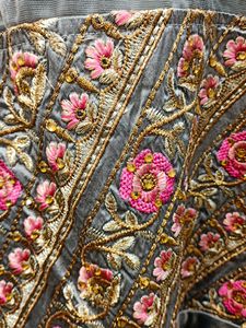DESIGNER EMBROIDED SILK GOWN WITH SIDE FRILL NET