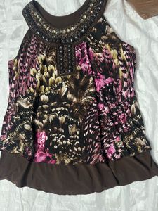 Yk2 Pinterest Beaded Neckline Abstract Print Top