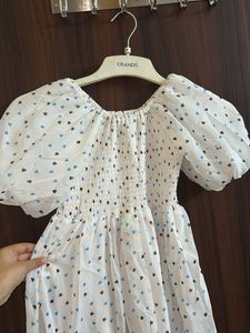 White Heart Print Puff Sleeve Dress