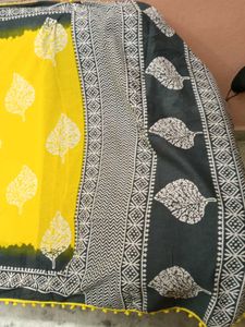 New Yellow&amp;Gray BlockPrint MulmulCotton Saree+Blou