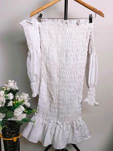 White Off-Shoulder Smocked Mini Dress