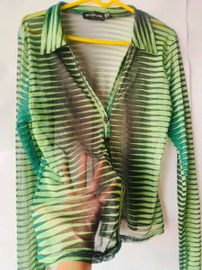 Prettylittlething y2k gren&amp;black stripe mesh shirt
