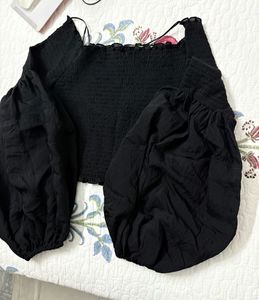 Black Smocked Top with Puff Sleeves XL size