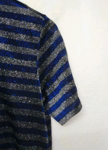Trendy New Shinny Blue And Silver Stripe Top