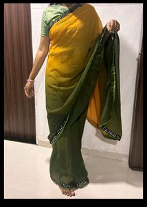 Mehandi And Yellow  Double  Color  Saree