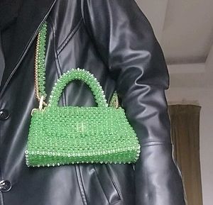 Green Beaded Top Handle Bag
