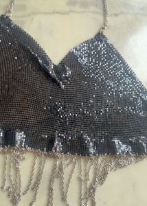 Chainmail sequin backless Top With Fringes