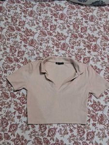 Zara Ribbed Crop Polo Top