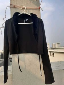 H&amp;M Ribbed Crop Tie Up Cardigan Black For Women