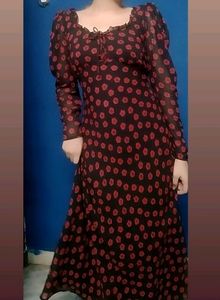 Red Floral Puffy Sleeves Dress 🎀❤️