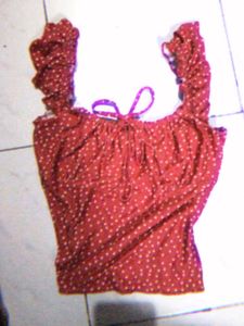 Printed Ruffle Sleeve Red Polka Dot Tie-Front Top