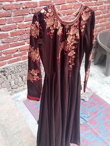 Brown Flared Embroidered Gown