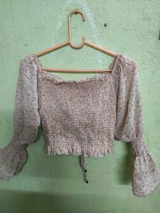 Floral Print Beige Multicolor Drawstring Crop Top