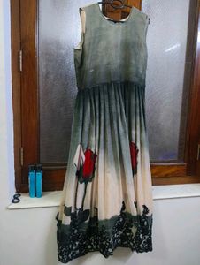Gown With Rose Print And Embroidery Border