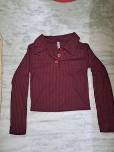Wine Red Ribbed Collared Top