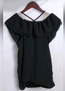 Black Sheer Ruffled Top with Keyhole Neckline