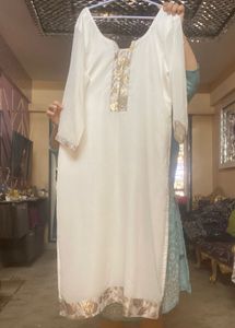 White Chiffon Long Kurta With Mute Gold Enhancemen