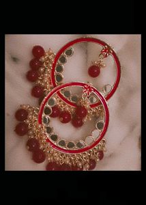 "Traditional Red Kundan Earrings with Mirror Work