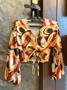 Boohoo Retro Print Tie-Front Top
