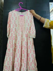 Floral White and pink A line kurta set