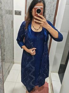 Blue Kurta Set with Long shrug Embellishment