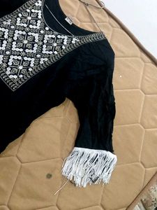 Black Embroidered Dress with Fringe Details