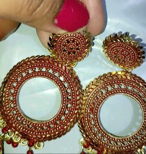 Red &amp; Golden Jhumki 2 Earing Studs