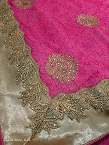 Stunning Rose Thread Work Net Saree