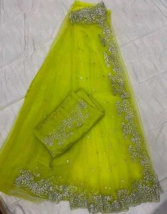 Elegant Chartreuse Saree with Gold Embellishments