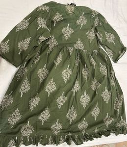 Green Print Cotton Dress/Kurta with Ruffle Hem