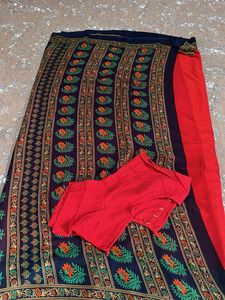Red &amp; blue print saree with blouse