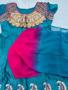 Teal and Pink Kurti With Churidar Dupatta