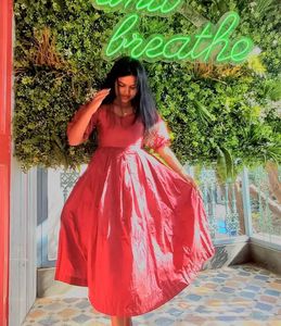 Red Midi Dress with Puff Sleeves