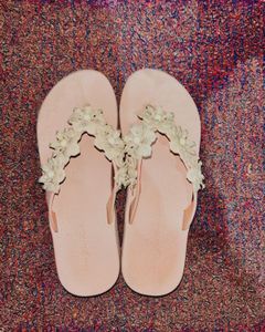 Women Pink Sliders With Flowers