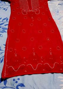 Red  Chikenkari Embroidered Kurta With Free Saree