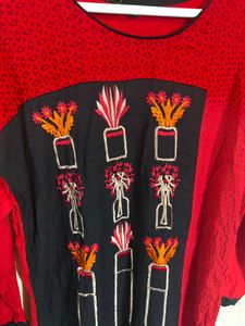 Embroidered Red Kurta - 2XL
