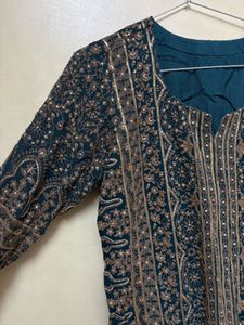 Bottle Green Heavy Printed Suit 3 pcs set